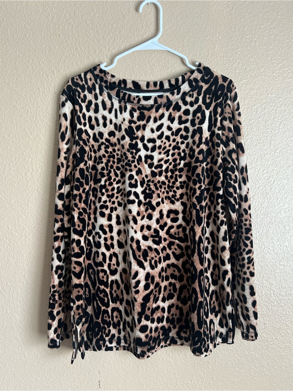 White Stag Leopard Print Long Sleeve Mob Wife Retro Velvet Stretchy Knit Top 2XL